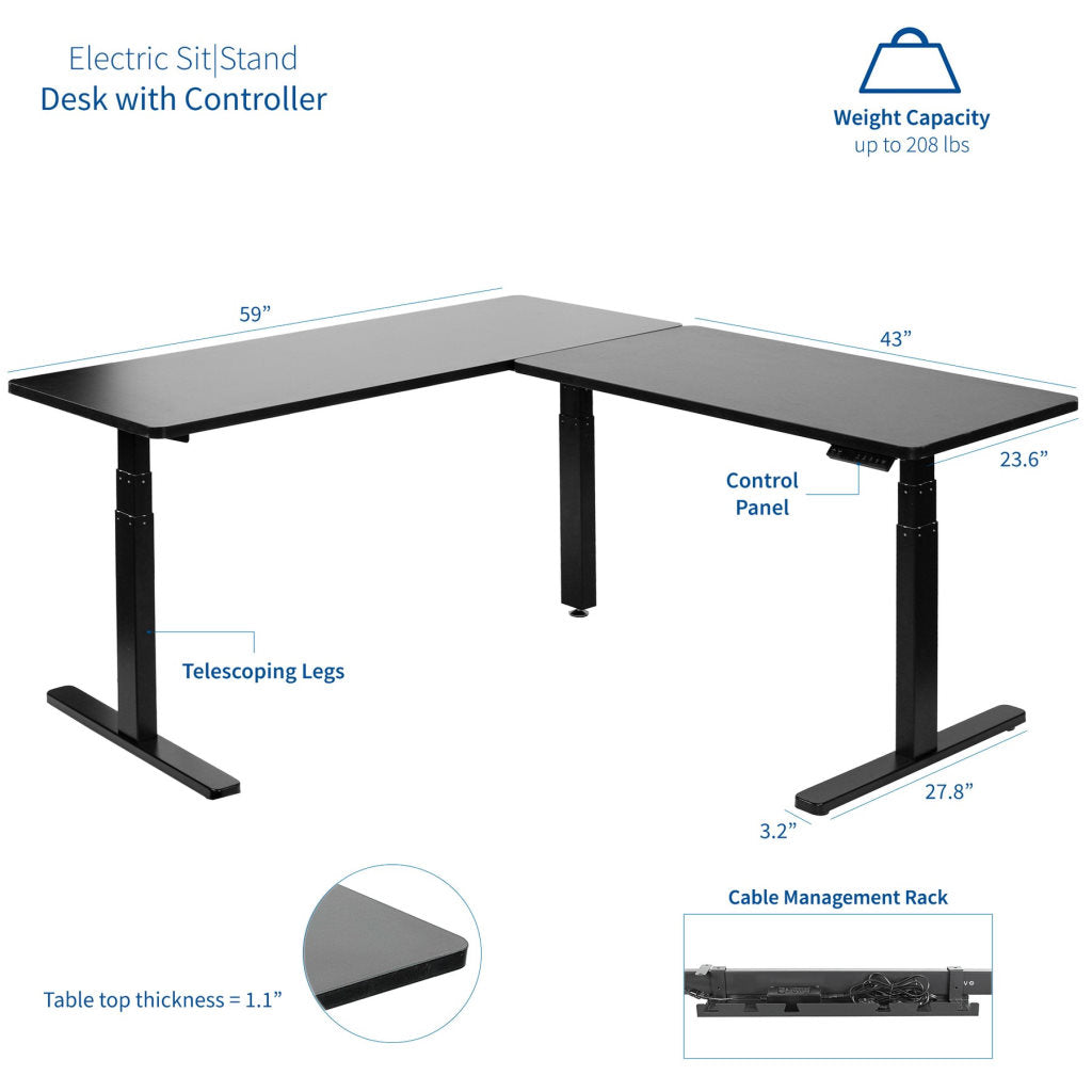 Eureka Black 60'' Large L Shaped Standing Desk with Cable Management