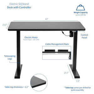 Vivo 43" Wide Standard Electric Adjustable Sit Stand Desk- Black Frame-Electric Standing Desks-Vivo-Ergo Standing Desks